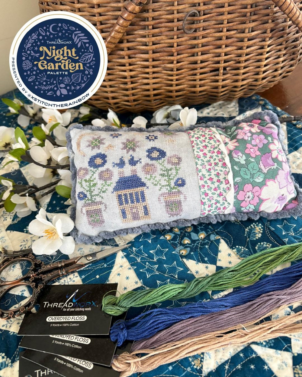 Preorder - Midnight Posies Pin Pillow by Pansy Patch Quilts and Stitchery